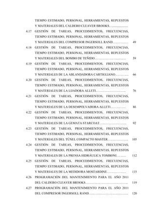 TIEMPO ESTIMADO, PERSONAL, HERRAMIENTAS, REPUESTOS
Y MATERIALES DEL CALDERO CLEAVER BROOKS…....................
4.17 GESTIÓN DE TAREAS, PROCEDIMIENTOS, FRECUENCIAS,
TIEMPO ESTIMADO, PERSONAL, HERRAMIENTAS, REPUESTOS
Y MATERIALES DEL COMPRESOR INGERSOLL RAND…………… 49
4.18 GESTIÓN DE TAREAS, PROCEDIMIENTOS, FRECUENCIAS,
TIEMPO ESTIMADO, PERSONAL, HERRAMIENTAS, REPUESTOS
Y MATERIALES DEL BOMBO DE TEÑIDO…………………..…..… 59
4.19 GESTIÓN DE TAREAS, PROCEDIMIENTOS, FRECUENCIAS,
TIEMPO ESTIMADO, PERSONAL, HERRAMIENTAS, REPUESTOS
Y MATERIALES DE LA ABLANDADORA CARTIGLIANO…………. 66
4.20 GESTIÓN DE TAREAS, PROCEDIMIENTOS, FRECUENCIAS,
TIEMPO ESTIMADO, PERSONAL, HERRAMIENTAS, REPUESTOS
Y MATERIALES DE LA LIJADORA ALLETI……………………….. 76
4.21 GESTIÓN DE TAREAS, PROCEDIMIENTOS, FRECUENCIAS,
TIEMPO ESTIMADO, PERSONAL, HERRAMIENTAS, REPUESTOS
Y MATERIALES DE LA DESEMPOLVADORA ALLETI…………… 86
4.22 GESTIÓN DE TAREAS, PROCEDIMIENTOS, FRECUENCIAS,
TIEMPO ESTIMADO, PERSONAL, HERRAMIENTAS, REPUESTOS
Y MATERIALES DE LA GEMATA STARCOAT…………………….. 92
4.23 GESTIÓN DE TAREAS, PROCEDIMIENTOS, FRECUENCIAS,
TIEMPO ESTIMADO, PERSONAL, HERRAMIENTAS, REPUESTOS
Y MATERIALES DEL TÚNEL COMPACTO MASTER……………….. 105
4.24 GESTIÓN DE TAREAS, PROCEDIMIENTOS, FRECUENCIAS,
TIEMPO ESTIMADO, PERSONAL, HERRAMIENTAS, REPUESTOS
Y MATERIALES DE LA PRENSA HIDRÁULICA TOMBONI……… 112
4.25 GESTIÓN DE TAREAS, PROCEDIMIENTOS, FRECUENCIAS,
TIEMPO ESTIMADO, PERSONAL, HERRAMIENTAS, REPUESTOS
Y MATERIALES DE LA MEDIDORA MOSTARDINE……………… 115
4.26 PROGRAMACIÓN DEL MANTENIMIENTO PARA EL AÑO 2011
DEL CALDERO CLEAVER BROOKS………………………………….. 119
4.27 PROGRAMACIÓN DEL MANTENIMIENTO PARA EL AÑO 2011
DEL COMPRESOR INGERSOLL RAND……………………………….. 120
 