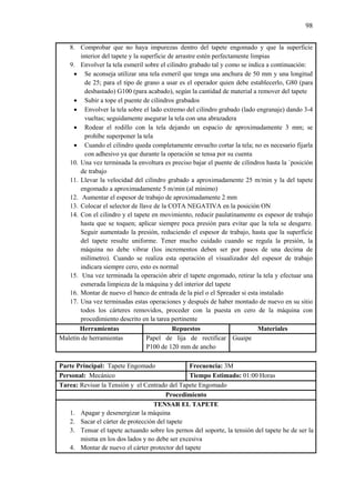 98
8. Comprobar que no haya impurezas dentro del tapete engomado y que la superficie
interior del tapete y la superficie de arrastre estén perfectamente limpias
9. Envolver la tela esmeril sobre el cilindro grabado tal y como se indica a continuación:
 Se aconseja utilizar una tela esmeril que tenga una anchura de 50 mm y una longitud
de 25; para el tipo de grano a usar es el operador quien debe establecerlo, G80 (para
desbastado) G100 (para acabado), según la cantidad de material a remover del tapete
 Subir a tope el puente de cilindros grabados
 Envolver la tela sobre el lado extremo del cilindro grabado (lado engranaje) dando 3-4
vueltas; seguidamente asegurar la tela con una abrazadera
 Rodear el rodillo con la tela dejando un espacio de aproximadamente 3 mm; se
prohíbe superponer la tela
 Cuando el cilindro queda completamente envuelto cortar la tela; no es necesario fijarla
con adhesivo ya que durante la operación se tensa por su cuenta
10. Una vez terminada la envoltura es preciso bajar el puente de cilindros hasta la `posición
de trabajo
11. Llevar la velocidad del cilindro grabado a aproximadamente 25 m/min y la del tapete
engomado a aproximadamente 5 m/min (al mínimo)
12. Aumentar el espesor de trabajo de aproximadamente 2 mm
13. Colocar el selector de llave de la COTA NEGATIVA en la posición ON
14. Con el cilindro y el tapete en movimiento, reducir paulatinamente es espesor de trabajo
hasta que se toquen; aplicar siempre poca presión para evitar que la tela se desgarre.
Seguir aumentado la presión, reduciendo el espesor de trabajo, hasta que la superficie
del tapete resulte uniforme. Tener mucho cuidado cuando se regula la presión, la
máquina no debe vibrar (los incrementos deben ser por pasos de una decima de
milímetro). Cuando se realiza esta operación el visualizador del espesor de trabajo
indicara siempre cero, esto es normal
15. Una vez terminada la operación abrir el tapete engomado, retirar la tela y efectuar una
esmerada limpieza de la máquina y del interior del tapete
16. Montar de nuevo el banco de entrada de la piel o el Spreader si esta instalado
17. Una vez terminadas estas operaciones y después de haber montado de nuevo en su sitio
todos los cárteres removidos, proceder con la puesta en cero de la máquina con
procedimiento descrito en la tarea pertinente
Herramientas Repuestos Materiales
Maletín de herramientas Papel de lija de rectificar
P100 de 120 mm de ancho
Guaipe
Parte Principal: Tapete Engomado Frecuencia: 3M
Personal: Mecánico Tiempo Estimado: 01:00 Horas
Tarea: Revisar la Tensión y el Centrado del Tapete Engomado
Procedimiento
TENSAR EL TAPETE
1. Apagar y desenergizar la máquina
2. Sacar el cárter de protección del tapete
3. Tensar el tapete actuando sobre los pernos del soporte, la tensión del tapete he de ser la
misma en los dos lados y no debe ser excesiva
4. Montar de nuevo el cárter protector del tapete
 
