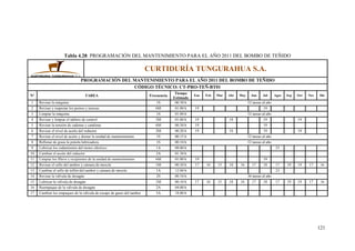 121
Tabla 4.28: PROGRAMACIÓN DEL MANTENIMIENTO PARA EL AÑO 2011 DEL BOMBO DE TEÑIDO
CURTIDURÍA TUNGURAHUA S.A.
PROGRAMACIÓN DEL MANTENIMIENTO PARA EL AÑO 2011 DEL BOMBO DE TEÑIDO
CÓDIGO TÉCNICO: CT-PRO-TEÑ-BT01
Nº TAREA Frecuencia
Tiempo
Estimado
Ene Feb Mar Abr May Jun Jul Agos Sep Oct Nov Dic
1 Revisar la máquina 1S 00:30 h 52 tareas al año
2 Revisar y reapretar los pernos y tuercas 6M 01:00 h 19 19
3 Limpiar la máquina 1S 01:00 h 52 tareas al año
4 Revisar y limpiar el tablero de control 3M 01:00 h 19 18 19 19
5 Revisar la tensión de cadenas y catalinas 6M 00:30 h 19 19
6 Revisar el nivel de aceite del reductor 3M 00:20 h 19 18 19 19
7 Revisar el nivel de aceite y drenar la unidad de mantenimiento 1S 00:15 h 52 tareas al año
8 Rellenar de grasa la pistola lubricadora 1S 00:10 h 52 tareas al año
9 Lubricar los rodamientos del motor eléctrico 1A 08:00 h 23
10 Cambiar el aceite del reductor 2A 01:30 h
11 Limpiar los filtros y recipientes de la unidad de mantenimiento 6M 01:00 h 19 19
12 Revisar el sello del tambor y cámara de mezcla 1M 00:30 h 17 16 15 18 16 17 18 17 19 19 17 16
13 Cambiar el sello de teflón del tambor y cámara de mezcla 1A 12:00 h 23
14 Revisar la válvula de desagüe 2S 00:10 h 36 tareas al año
15 Lubricar la válvula de desagüe 1M 00:10 h 17 16 15 18 16 17 18 17 19 19 17 16
16 Reempaque de la válvula de desagüe 2A 04:00 h
17 Cambiar los empaques de la válvula de escape de gases del tambor 3A 18:00 h
 
