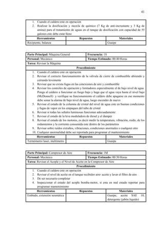 41
1. Cuando el caldero este en operación
2. Realizar la dosificación y mezcla de químico (7 Kg de anti-incrustante y 3 Kg de
amina) para el tratamiento de aguas en el tanque de dosificación con capacidad de 55
galones este debe estar lleno
Herramientas Repuestos Materiales
Recipiente, balanza Guaipe
Parte Principal: Máquina General Frecuencia: 1S
Personal: Mecánico Tiempo Estimado: 00:40 Horas
Tarea: Revisar la Máquina
Procedimiento
1. Cuando el caldero este en operación
2. Revisar el correcto funcionamiento de la válvula de cierre de combustible abriendo y
cerrando levemente
3. Revisar que no exista fugas en las conexiones de aire y combustible
4. Revisar los controles de operación y limitadores especialmente el de bajo nivel de agua.
Ponga al caldero a funcionar en fuego bajo y haga que el agua vaya hasta el nivel bajo
(McDonnell) y verifique su funcionamiento el caldero debe apagarse en ese momento
debe sonar la alarma de bajo nivel de agua, luego encender de nuevo
5. Revisar el estado de la columna de cristal del nivel de agua este en buenas condiciones
y fugas de vapor en los empaques del tubo de cristal
6. Revisar si todas las señales luminosas funcionan adecuadamente
7. Revisar el estado de la leva moduladora de diesel y el damper
8. Revisar el estado de los motores, es decir medir la temperatura, vibración, ruido, de los
rodamientos y la corriente consumida este dentro de los parámetros
9. Revisar sobre ruidos extraños, vibraciones, condiciones anormales o cualquier otro
10. Cualquier anormalidad debe ser reportada para programar el mantenimiento
Herramientas Repuestos Materiales
Termómetro laser, multímetro Guaipe
Parte Principal: Compresor de Aire Frecuencia: 1M
Personal: Mecánico Tiempo Estimado: 00:30 Horas
Tarea: Revisar el Acople y el Nivel de Aceite en la Compresor de Aire
Procedimiento
1. Cuando el caldero este en operación
2. Revisar el nivel de aceite en el tanque recibidor aire- aceite y lavar el filtro de aire
3. De ser necesario completar
4. Inspeccionar el estado del acople bomba-motor, si esta en mal estado reportar para
programar mantenimiento
Herramientas Repuestos Materiales
Embudo, extensión neumática Guaipe, aceite SAE 10,
detergente (jabón liquido)
 