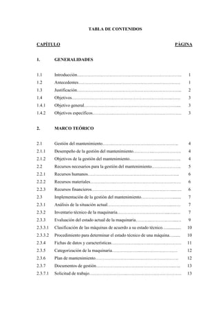 TABLA DE CONTENIDOS
CAPÍTULO PÁGINA
1. GENERALIDADES
1.1 Introducción…………………………………………………………….. 1
1.2 Antecedentes…………………………………………………………… 1
1.3 Justificación…………………………………………………………….. 2
1.4 Objetivos…………………………………………………………..…… 3
1.4.1 Objetivo general………………...…………………………………….... 3
1.4.2 Objetivos específicos…….……..………………………………………. 3
2. MARCO TEÓRICO
2.1 Gestión del mantenimiento…….…………………….……………….. 4
2.1.1 Desempeño de la gestión del mantenimiento…………..………………. 4
2.1.2 Objetivos de la gestión del mantenimiento..……………..................….. 4
2.2 Recursos necesarios para la gestión del mantenimiento……………….. 5
2.2.1 Recursos humanos…………………………………………………….. 6
2.2.2 Recursos materiales……………..……………………………………… 6
2.2.3 Recursos financieros………………………………………………...….. 6
2.3 Implementación de la gestión del mantenimiento…………………........ 7
2.3.1 Análisis de la situación actual……………………………………..…… 7
2.3.2 Inventario técnico de la maquinaria……………………………...…..… 7
2.3.3 Evaluación del estado actual de la maquinaria………..……………...… 9
2.3.3.1 Clasificación de las máquinas de acuerdo a su estado técnico…............. 10
2.3.3.2 Procedimiento para determinar el estado técnico de una máquina…...... 10
2.3.4 Fichas de datos y características……………….…….…………………. 11
2.3.5 Categorización de la maquinaria………………..….………………… 12
2.3.6 Plan de mantenimiento……………………..…….…………………… 12
2.3.7 Documentos de gestión……………………………………………..….. 13
2.3.7.1 Solicitud de trabajo……………………..………………………………. 13
 