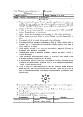 54
Parte Principal: Elemento Separador del
Refrigerante
Frecuencia: 1A
Personal: Mecánico Tiempo Estimado: 02:00 Horas
Tarea: Cambiar el Elemento Separador del Refrigerante
Procedimiento
1. Para revisar las condiciones del elemento separador, haga funcionar al compresor en
modalidad de carga completa y a la presión recomendada y seleccione (“CAÍDA DE
PRESIÓN DEL SEPARADOR”) en el tablero L.E.D. Si la pantalla indica “XX PSI”,
entonces no se requiere mantenimiento.
2. Si la luz de advertencia está encendida y la pantalla indica “CHG SEPR ELEMENT”,
entonces el separador debe ser reemplazado.
3. Apagar y desenergizar la máquina, asegurarse de que no exista presión en el sistema
4. Afloje el acople que sostiene al tubo de barrido al tanque y extraiga el ensamblaje de
tubos.
5. Desconecte la válvula de soplado del codo en la cubierta del tanque.
6. Desconecte el tubo del acople en la válvula de revisión de presión mínima. Afloje la
tuerca del tubo en el mismo tubo en la entrada del enfriador posterior, luego saque al
tubo de la cubierta del tanque.
7. Utilice una llave adecuada y retire los pernos que sostienen a la cubierta del tanque en
su posición. Retire la cubierta levantándola.
8. Cuidadosamente levante al elemento separador y sáquelo del tanque. Deseche el
elemento defectuoso.
9. Limpie la superficie del empaque en el tanque y en su cubierta. Tenga cuidado en que
no se caigan pedazos del empaque dentro del tanque.
10. Revise que ningún objeto extraño, trapos o herramientas, esté dentro del tanque. Instale
el elemento de reemplazo dentro del tanque luego de ver si hay daños en su empaque.
Centre el elemento dentro del tanque.
11. Ubique la cubierta del tanque en su posición correcta e instale los pernos. Ajuste los
pernos (80 lb-pie; 108 N-m) de manera cruzada (referencia Figura) para evitar que se
ajuste de manera desequilibrada. Una cubierta inapropiadamente ajustada dará como
resultado fugas.
12. Inspeccione el tamiz y orificio de barrido del tanque. Limpie si es necesario siguiendo
las instrucciones dadas en la tarea limpiar el tamiz
13. Instale el tubo de barrido en el tanque hasta que el tubo tope el elemento separador.
Ajuste los acoples.
14. Instale las líneas de regulación en sus posiciones originales.
15. Encienda la unidad, verifique si existen fugas
Herramientas Repuestos Materiales
Maletín de herramientas Elemento separador:
54595442 (código manual)
Guaipe
 