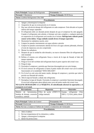 55
Parte Principal: Tanque del Refrigerante Frecuencia: 1A
Personal: 3 Mecánicos Tiempo Estimado: 08:00 Horas
Tarea: Cambiar Refrigerante Ultra SSR
Procedimiento
1. Apagar y desenergizar la máquina
2. Asegurarse de que no exista presión en el sistema
3. Hay una válvula de drenaje del refrigerante en cada compresor. Está ubicada en la parte
inferior del tanque separador.
4. El refrigerante debe ser drenado pronto después de que el compresor ha sido apagado.
Cuando el refrigerante está caliente, el drenaje será más completo y cualquier partícula
en suspensión en el refrigerante será sacada con el mismo. Refrigerante caliente puede
causar serios daños. Tenga cuidado cuando drene el tanque separador.
5. Desmontar los radiadores (aceite, aire)
6. Limpiar los panales internamente con agua caliente a presión
7. Limpiar los panales externamente además de lavar con agua caliente jabonada, eliminar
el resto de impurezas con aire comprimido
8. Montar los radiadores
9. Después de que la unidad ha sido drenada y un nuevo elemento filtro de refrigerante ha
sido instalado
10. Rellene el sistema con refrigerante fresco a través de la tapa de llenado al lado del
tanque separador.
11. Ponga al nivel del recibidor del refrigerante hasta la parte superior del cristal visor.
12. Ponga la tapa.
13. Encienda el compresor y permita que funcione descargado por un corto tiempo.
14. El nivel correcto de refrigerante es hasta el punto medio del cristal visor con la unidad
funcionando en la modalidad “DESCARGADO”.
15. Si el nivel no está cerca del punto medio, detenga al compresor y permita que toda la
presión sea liberada del sistema.
16. Abra la tapa de llenado y añada más refrigerante.
17. Reemplace la tapa de llenado. Encienda el compresor y permítalo funcionar descargado.
El nivel del refrigerante ahora deberá estar cerca del punto medio del cristal visor.
NO LLENE DEMASIADO A LA MÁQUINA. El sobrellenado afectará la separación y el
transporte en el canal.
Herramientas Repuestos Materiales
Maletín de herramientas,
bandeja de drenaje, extensión
neumática, embudo
Filtro de aceite (39907175
código manual)
Guaipe, refrigerante Ultra
SSR (± 3,2 Gls), jabón, diesel
Parte Principal: Tablero de Control Frecuencia: 6M
Personal: Electricista Tiempo Estimado: 01:00 Horas
Tarea: Revisar y Limpiar el Tablero de Control y Contactores del Arrancador
Procedimiento
1. Abrir el tablero
2. Revisar temperaturas de los elementos y cables
3. Apagar y desenergizar la máquina
4. Quitar las protecciones
 