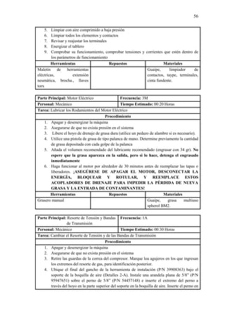 56
5. Limpiar con aire comprimido a baja presión
6. Limpiar todos los elementos y contactos
7. Revisar y reajustar los terminales
8. Energizar el tablero
9. Comprobar su funcionamiento, comprobar tensiones y corrientes que estén dentro de
los parámetros de funcionamiento
Herramientas Repuestos Materiales
Maletín de herramientas
eléctricas, extensión
neumática, brocha., llaves
torx
Guaipe, limpiador de
contactos, taype, terminales,
cinta fundente.
Parte Principal: Motor Eléctrico Frecuencia: 3M
Personal: Mecánico Tiempo Estimado: 00:20 Horas
Tarea: Lubricar los Rodamientos del Motor Eléctrico
Procedimiento
1. Apagar y desenergizar la máquina
2. Asegurarse de que no exista presión en el sistema
3. Libere el hoyo de drenaje de grasa dura (utilice un pedazo de alambre si es necesario).
4. Utilice una pistola de grasa de tipo palanca de mano. Determine previamente la cantidad
de grasa depositada con cada golpe de la palanca
5. Añada el volumen recomendado del lubricante recomendado (engrasar con 34 gr). No
espere que la grasa aparezca en la salida, pero si lo hace, detenga el engrasado
inmediatamente
6. Haga funcionar al motor por alrededor de 30 minutos antes de reemplazar las tapas o
liberadores. ¡ASEGÚRESE DE APAGAR EL MOTOR, DESCONECTAR LA
ENERGÍA, BLOQUEAR Y ROTULAR, Y REEMPLACE ESTOS
ACOPLADORES DE DRENAJE PARA IMPEDIR LA PÉRDIDA DE NUEVA
GRASA Y LA ENTRADA DE CONTAMINANTES!
Herramientas Repuestos Materiales
Grasero manual Guaipe, grasa multiuso
spherol BM2.
Parte Principal: Resorte de Tensión y Bandas
de Transmisión
Frecuencia: 1A
Personal: Mecánico Tiempo Estimado: 00:30 Horas
Tarea: Cambiar el Resorte de Tensión y de las Bandas de Transmisión
Procedimiento
1. Apagar y desenergizar la máquina
2. Asegurarse de que no exista presión en el sistema
3. Retire las guardas de la correa del compresor. Marque loa agujeros en los que ingresan
los extremos del resorte de gas, para identificación posterior.
4. Ubique el final del gancho de la herramienta de instalación (P/N 39908363) bajo el
soporte de la boquilla de aire (Detalles 2-A). Instale una arandela plana de 5/8” (P/N
95947651) sobre el perno de 5/8” (P/N 54457148) e inserte el extremo del perno a
través del hoyo en la parte superior del soporte en la boquilla de aire. Inserte el perno en
 