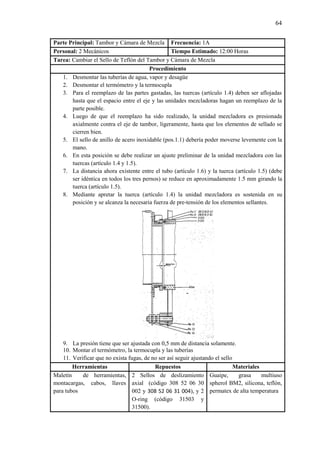 64
Parte Principal: Tambor y Cámara de Mezcla Frecuencia: 1A
Personal: 2 Mecánicos Tiempo Estimado: 12:00 Horas
Tarea: Cambiar el Sello de Teflón del Tambor y Cámara de Mezcla
Procedimiento
1. Desmontar las tuberías de agua, vapor y desagüe
2. Desmontar el termómetro y la termocupla
3. Para el reemplazo de las partes gastadas, las tuercas (artículo 1.4) deben ser aflojadas
hasta que el espacio entre el eje y las unidades mezcladoras hagan un reemplazo de la
parte posible.
4. Luego de que el reemplazo ha sido realizado, la unidad mezcladora es presionada
axialmente contra el eje de tambor, ligeramente, hasta que los elementos de sellado se
cierren bien.
5. El sello de anillo de acero inoxidable (pos.1.1) debería poder moverse levemente con la
mano.
6. En esta posición se debe realizar un ajuste preliminar de la unidad mezcladora con las
tuercas (artículo 1.4 y 1.5).
7. La distancia ahora existente entre el tubo (artículo 1.6) y la tuerca (artículo 1.5) (debe
ser idéntica en todos los tres pernos) se reduce en aproximadamente 1.5 mm girando la
tuerca (artículo 1.5).
8. Mediante apretar la tuerca (artículo 1.4) la unidad mezcladora es sostenida en su
posición y se alcanza la necesaria fuerza de pre-tensión de los elementos sellantes.
9. La presión tiene que ser ajustada con 0,5 mm de distancia solamente.
10. Montar el termómetro, la termocupla y las tuberías
11. Verificar que no exista fugas, de no ser así seguir ajustando el sello
Herramientas Repuestos Materiales
Maletín de herramientas,
montacargas, cabos, llaves
para tubos
2 Sellos de deslizamiento
axial (código 308 52 06 30
002 y 308 52 06 31 004), y 2
O-ring (código 31503 y
31500).
Guaipe, grasa multiuso
spherol BM2, silicona, teflón,
permatex de alta temperatura
 