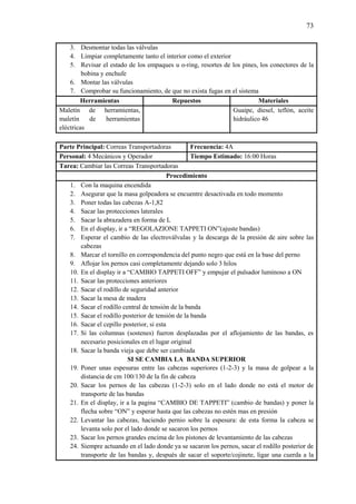 73
3. Desmontar todas las válvulas
4. Limpiar completamente tanto el interior como el exterior
5. Revisar el estado de los empaques u o-ring, resortes de los pines, los conectores de la
bobina y enchufe
6. Montar las válvulas
7. Comprobar su funcionamiento, de que no exista fugas en el sistema
Herramientas Repuestos Materiales
Maletín de herramientas,
maletín de herramientas
eléctricas
Guaipe, diesel, teflón, aceite
hidráulico 46
Parte Principal: Correas Transportadoras Frecuencia: 4A
Personal: 4 Mecánicos y Operador Tiempo Estimado: 16:00 Horas
Tarea: Cambiar las Correas Transportadoras
Procedimiento
1. Con la maquina encendida
2. Asegurar que la masa golpeadora se encuentre desactivada en todo momento
3. Poner todas las cabezas A-1,82
4. Sacar las protecciones laterales
5. Sacar la abrazadera en forma de L
6. En el display, ir a “REGOLAZIONE TAPPETI ON”(ajuste bandas)
7. Esperar el cambio de las electroválvulas y la descarga de la presión de aire sobre las
cabezas
8. Marcar el tornillo en correspondencia del punto negro que está en la base del perno
9. Aflojar los pernos casi completamente dejando solo 3 hilos
10. En el display ir a “CAMBIO TAPPETI OFF” y empujar el pulsador luminoso a ON
11. Sacar las protecciones anteriores
12. Sacar el rodillo de seguridad anterior
13. Sacar la mesa de madera
14. Sacar el rodillo central de tensión de la banda
15. Sacar el rodillo posterior de tensión de la banda
16. Sacar el cepillo posterior, si esta
17. Si las columnas (sostenes) fueron desplazadas por el aflojamiento de las bandas, es
necesario posicionales en el lugar original
18. Sacar la banda vieja que debe ser cambiada
SI SE CAMBIA LA BANDA SUPERIOR
19. Poner unas espesuras entre las cabezas superiores (1-2-3) y la masa de golpear a la
distancia de cm 100/130 de la fin de cabeza
20. Sacar los pernos de las cabezas (1-2-3) solo en el lado donde no está el motor de
transporte de las bandas
21. En el display, ir a la pagina “CAMBIO DE TAPPETI” (cambio de bandas) y poner la
flecha sobre “ON” y esperar hasta que las cabezas no estén mas en presión
22. Levantar las cabezas, haciendo pernio sobre la espesura: de esta forma la cabeza se
levanta solo por el lado donde se sacaron los pernos
23. Sacar los pernos grandes encima de los pistones de levantamiento de las cabezas
24. Siempre actuando en el lado donde ya se sacaron los pernos, sacar el rodillo posterior de
transporte de las bandas y, después de sacar el soporte/cojinete, ligar una cuerda a la
 