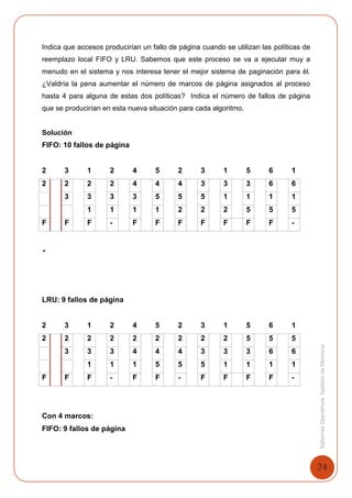 24
SistemasOperativosGestióndeMemoria
Indica que accesos producirían un fallo de página cuando se utilizan las políticas de
reemplazo local FIFO y LRU. Sabemos que este proceso se va a ejecutar muy a
menudo en el sistema y nos interesa tener el mejor sistema de paginación para èl.
¿Valdría la pena aumentar el número de marcos de página asignados al proceso
hasta 4 para alguna de estas dos políticas? Indica el número de fallos de página
que se producirían en esta nueva situación para cada algoritmo.
Solución
FIFO: 10 fallos de página
2 3 1 2 4 5 2 3 1 5 6 1
2 2 2 2 4 4 4 3 3 3 6 6
3 3 3 3 5 5 5 1 1 1 1
1 1 1 1 2 2 2 5 5 5
F F F - F F F F F F F -
•
LRU: 9 fallos de página
2 3 1 2 4 5 2 3 1 5 6 1
2 2 2 2 2 2 2 2 2 5 5 5
3 3 3 4 4 4 3 3 3 6 6
1 1 1 5 5 5 1 1 1 1
F F F - F F - F F F F -
Con 4 marcos:
FIFO: 9 fallos de página
 