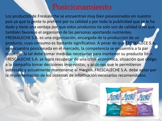 Posicionamiento
Los productos de Freskaleche se encuentran muy bien posesionados en nuestro
país ya que la gente lo prefiere por su calidad y por toda la publicidad que se le ha
dado y tiene una ventaja por que estos productos no solo son de calidad si no que
también favorece el organismo de las personas aportando nutrientes.
FRESKALECHE S.A. es una organización, encargada de la producción de un
producto, cuyo consumo es bastante significativo. A pesar de que FRESKALECE S.A.
se encuentra posicionada en el mercado, la competencia se encuentra a la par
razón por la tal debe tomar medidas necesarias para mantener su producto líder.
FRESCALECHE S.A. se logro recuperar de una crisis económica, situación que obligo
a la compañía tomar decisiones imprevistas; y acciones que le permitieron
sobresalir y actualmente mantenerse al margen. FRESCALECHE S.A. debe optar por
la implementación de los sistemas de información necesarios recomendados.
 