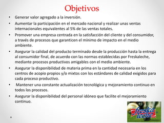 Objetivos
• Generar valor agregado a la inversión.
• Aumentar la participación en el mercado nacional y realizar unas ventas
internacionales equivalentes al 5% de las ventas totales.
• Promover una empresa centrada en la satisfacción del cliente y del consumidor,
a través de procesos que garanticen el mínimo de impacto en el medio
ambiente.
• Asegurar la calidad del producto terminado desde la producción hasta la entrega
al consumidor final, de acuerdo con las normas establecidas por Freskaleche,
mediante procesos productivos amigables con el medio ambiente.
• Asegurar la disponibilidad de materia prima en la cantidad necesaria en los
centros de acopio propios y/o mixtos con los estándares de calidad exigidos para
cada proceso productivo.
• Mantener una constante actualización tecnológica y mejoramiento continuo en
todos los procesos.
• Asegurar la disponibilidad del personal idóneo que facilite el mejoramiento
continuo.
 