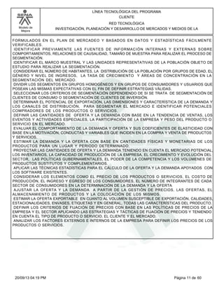 Modelo de 
Mejora 
LÍNEA TECNOLÓGICA DEL PROGRAMA 
CLIENTE 
RED TECNOLÓGICA 
INVESTIGACIÓN, PLANEACIÓN Y DESARROLLO DE MERCADOS Y MEDIOS DE LA 
FORMULADOS EN EL PLAN DE MERCADEO Y BASADOS EN DATOS Y ESTADÍSTICAS FÁCILMENTE 
VERIFICABLES. 
IDENTIFICAR PREVIAMENTE LAS FUENTES DE INFORMACIÓN INTERNAS Y EXTERNAS SOBRE 
COMPORTAMIENTOS, RELACIONES DE CAUSALIDAD, TAMAÑO DE MUESTRA PARA REALIZAR EL PROCESO DE 
SEGMENTACIÓN. 
IDENTIFICAR EL MARCO MUESTRAL Y LAS UNIDADES REPRESENTATIVAS DE LA POBLACIÓN OBJETO DE 
ESTUDIO PARA REALIZAR LA SEGMENTACIÓN. 
CONSIDERAR EL NÚMERO DE HABITANTES, LA DISTRIBUCIÓN DE LA POBLACIÓN POR GRUPOS DE EDAD, EL 
GÉNERO Y NIVEL DE INGRESOS, LA TASA DE CRECIMIENTO Y ÁREAS DE CONCENTRACIÓN EN LA 
SEGMENTACIÓN DEL MERCADO. 
DIVIDIR LOS SEGMENTOS EN GRUPOS HOMOGÉNEOS Y EN GRUPOS DE CONSUMIDORES Y USUARIOS QUE 
POSEAN LAS MISMAS EXPECTATIVAS CON EL FIN DE DEFINIR ESTRATEGIAS VÁLIDAS. 
SELECCIONAR LOS CRITERIOS DE SEGMENTACIÓN DEPENDIENDO DE SI SE TRATA DE SEGMENTACIÓN DE 
CLIENTES DE CONSUMO O SEGMENTACIÓN DE CLIENTES DE INVERSIÓN. 
DETERMINAR EL POTENCIAL DE EXPORTACIÓN, LAS DIMENSIONES Y CARACTERÍSTICA DE LA DEMANDA Y 
LOS CANALES DE DISTRIBUCIÓN, PARA SEGMENTAR EL MERCADO E IDENTIFICAR POTENCIALES 
COMPRADORES DE LOS PRODUCTOS O SERVICIOS. 
DEFINIR LAS CANTIDADES DE OFERTA Y LA DEMANDA CON BASE EN LA TENDENCIA DE VENTAS, LOS 
EVENTOS Y ACTIVIDADES ESPECIALES, LA PARTICIPACIÓN DE LA EMPRESA Y PESO DEL PRODUCTO O 
SERVICIO EN EL MERCADO. 
EVALUAR EL COMPORTAMIENTO DE LA DEMANDA Y OFERTA Y SUS COEFICIENTES DE ELASTICIDAD CON 
BASE EN LA MOTIVACIÓN, CONDUCTAS Y VARIABLES QUE INCIDEN EN LA COMPRA Y VENTA DE PRODUCTOS 
Y SERVICIOS. 
ESTIMAR LA DEMANDA Y LA OFERTA CON BASE EN CANTIDADES FÍSICAS Y MONETARIAS DE LOS 
PRODUCTOS PARA UN LUGAR Y PERIODO DETERMINADO. 
PROYECTAR LAS CANTIDADES DE OFERTA Y LA DEMANDA TENIENDO EN CUENTA EL MERCADO POTENCIAL, 
LOS INVENTARIOS, LA CAPACIDAD DE PRODUCCIÓN DE LA EMPRESA, EL CRECIMIENTO Y EVOLUCIÓN DEL 
SECTOR, LAS POLÍTICAS GUBERNAMENTALES, EL PODER DE LA COMPETENCIA Y LOS VOLÚMENES DE 
PRODUCTOS SUSTITUTOS Y COMPLEMENTARIOS. 
APLICAR LAS TÉCNICAS ESTADÍSTICAS PARA EL CÁLCULO DE LA OFERTA Y LA DEMANDA APOYADOS CON 
LOS SOFTWARE EXISTENTES. 
CONSIDERAR LOS ELEMENTOS COMO EL PRECIO DE LOS PRODUCTOS O SERVICIOS, EL COSTO DE 
PRODUCCIÓN, EL INGRESO Y EGRESO DE LOS CONSUMIDORES, EL NÚMERO DE INTEGRANTES DE CADA 
SECTOR DE CONSUMIDORES EN LA DETERMINACIÓN DE LA DEMANDA Y LA OFERTA 
AJUSTAR LA OFERTA Y LA DEMANDA A PARTIR DE LA GESTIÓN DE PRECIOS, LAS OFERTAS, EL 
ALMACENAMIENTO DE PRODUCTOS Y LA COLOCACIÓN DE LOS MISMOS. 
ESTIMAR LA OFERTA EXPORTABLE EN CUANTO AL VOLUMEN SUSCEPTIBLE DE EXPORTACIÓN, CALIDADES, 
ESTACIONALIDADES, ENVASES, ETIQUETAS Y EN GENERAL, TODAS LAS CARACTERÍSTICAS DEL PRODUCTO. 
DEFINIR LOS CRITERIOS DE FIJACIÓN DE PRECIOS CON BASE EN LAS POLÍTICAS DE PRECIOS DE LA 
EMPRESA Y EL SECTOR APLICANDO LAS ESTRATEGIAS Y TÁCTICAS DE FIJACIÓN DE PRECIOS Y TENIENDO 
EN CUENTA EL TIPO DE PRODUCTO O SERVICIO, EL CLIENTE Y EL MERCADO. 
ANALIZAR LOS FACTORES EXTERNOS E INTERNOS DE LA EMPRESA PARA DEFINIR LOS PRECIOS DE LOS 
PRODUCTOS O SERVICIOS. 
20/09/13 04:19 PM Página 11 de 60 
 