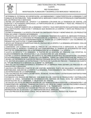 Modelo de 
Mejora 
LÍNEA TECNOLÓGICA DEL PROGRAMA 
CLIENTE 
RED TECNOLÓGICA 
INVESTIGACIÓN, PLANEACIÓN Y DESARROLLO DE MERCADOS Y MEDIOS DE LA 
DETERMINA EL POTENCIAL DE EXPORTACIÓN, LAS DIMENSIONES Y CARACTERÍSTICA DE LA DEMANDA Y LOS 
CANALES DE DISTRIBUCIÓN, PARA SEGMENTAR EL MERCADO E IDENTIFICAR POTENCIALES COMPRADORES 
DE LOS PRODUCTOS O SERVICIOS 
DEFINE LAS CANTIDADES DE OFERTA Y LA DEMANDA CON BASE EN LA TENDENCIA DE VENTAS, LOS 
EVENTOS Y ACTIVIDADES ESPECIALES, LA PARTICIPACIÓN DE LA EMPRESA Y PESO DEL PRODUCTO O 
SERVICIO EN EL MERCADO. 
EVALUA EL COMPORTAMIENTO DE LA DEMANDA Y OFERTA Y SUS COEFICIENTES DE ELASTICIDAD CON BASE 
EN LA MOTIVACIÓN, CONDUCTAS Y VARIABLES QUE INCIDEN EN LA COMPRA Y VENTA DE PRODUCTOS Y 
SERVICIOS. 
ESTIMA LA DEMANDA Y LA OFERTA CON BASE EN CANTIDADES FÍSICAS Y MONETARIAS DE LOS PRODUCTOS 
PARA UN LUGAR Y PERIODO DETERMINADO. 
PROYECTA LAS CANTIDADES DE OFERTA Y LA DEMANDA TENIENDO EN CUENTA EL MERCADO POTENCIAL, 
LOS INVENTARIOS, LA CAPACIDAD DE PRODUCCIÓN DE LA EMPRESA, EL CRECIMIENTO Y EVOLUCIÓN DEL 
SECTOR, LAS POLÍTICAS GUBERNAMENTALES, EL PODER DE LA COMPETENCIA Y LOS VOLÚMENES DE 
PRODUCTOS SUSTITUTOS Y COMPLEMENTARIOS. 
APLICA LAS TÉCNICAS ESTADÍSTICAS PARA EL CÁLCULO DE LA OFERTA Y LA DEMANDA APOYADOS CON LOS 
SOFTWARE EXISTENTES. 
CONSIDERA LOS ELEMENTOS COMO EL PRECIO DE LOS PRODUCTOS O SERVICIOS, EL COSTO DE 
PRODUCCIÓN, EL INGRESO Y EGRESO DE LOS CONSUMIDORES, EL NÚMERO DE INTEGRANTES DE CADA 
SECTOR DE CONSUMIDORES EN LA DETERMINACIÓN DE LA DEMANDA Y LA OFERTA. 
AJUSTA LA OFERTA Y LA DEMANDA A PARTIR DE LA GESTIÓN DE PRECIOS, LAS OFERTAS, EL 
ALMACENAMIENTO DE PRODUCTOS Y LA COLOCACIÓN DE LOS MISMOS. 
ESTIMA LA OFERTA EXPORTABLE EN CUANTO AL VOLUMEN SUSCEPTIBLE DE EXPORTACIÓN, CALIDADES, 
ESTACIONALIDADES, ENVASES, ETIQUETAS Y EN GENERAL, TODAS LAS CARACTERÍSTICAS DEL PRODUCTO. 
DEFINE LOS CRITERIOS DE FIJACIÓN DE PRECIOS CON BASE EN LAS POLÍTICAS DE PRECIOS DE LA EMPRESA 
Y EL SECTOR APLICANDO LAS ESTRATEGIAS Y TÁCTICAS DE FIJACIÓN DE PRECIOS Y TENIENDO EN CUENTA 
EL TIPO DE PRODUCTO O SERVICIO, EL CLIENTE Y EL MERCADO. 
ANALIZA LOS FACTORES EXTERNOS E INTERNOS DE LA EMPRESA PARA DEFINIR LOS PRECIOS DE LOS 
PRODUCTOS O SERVICIOS. 
CALCULA LOS PRECIOS A PARTIR DE LOS COSTOS, INGRESOS, PUNTO DE EQUILIBRIO, MÁRGENES DE 
RENTABILIDAD, ANÁLISIS DE LA OFERTA Y LA DEMANDA, POSICIONAMIENTO DEL PRODUCTO O SERVICIO Y 
LAS ESTRATEGIAS DE LA COMPETENCIA. 
FIJA LOS PRECIOS APLICANDO LOS MÉTODOS, TÉCNICAS, TECNOLOGÍAS Y ESTRATEGIAS EXISTENTES PARA 
LA FIJACIÓN DE PRECIOS. 
ESTABLECE LOS RANGOS DE PRECIOS CON BASE EN LOS COSTOS DE PRODUCCIÓN Y DISTRIBUCIÓN, 
ACCESO AL CANAL, MÁRGENES DE INTERMEDIACIÓN, SISTEMA DE PAGO, NIVEL DE COMPETENCIA, 
SATISFACCIÓN DE LA DEMANDA. Y OBJETIVOS DE VENTAS. 
ACTUALIZA LAS LISTAS DE PRECIOS DENTRO DE LOS TIEMPOS ESTABLECIDOS POR LA ORGANIZACIÓN Y LAS 
CONDICIONES DEL MERCADO, TENIENDO EN CUENTA LOS TIPOS DE CAMBIO, LAS RESTRICCIONES LEGALES 
Y ADUANERAS, EL ANTIDUMPING, LA ANTISUBVENCIÓN Y EL TRANSPORTE 
SELECCIONA LA POLÍTICA DE FIJACIÓN DE PRECIOS EN FUNCIÓN DE LOS OBJETIVOS DE LA EMPRESA, LA 
MAXIMIZACIÓN DE LA UTILIDAD Y LA PARTICIPACIÓN EN EL MERCADO. 
FIJA LOS PRECIOS DE ACUERDO CON EL TIPO DE MERCADO, CLIENTES, PRODUCTOS, PODER DE 
20/09/13 04:19 PM Página 13 de 60 
 