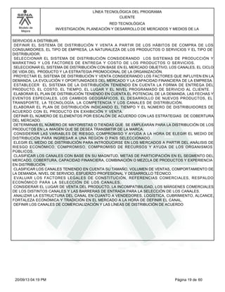 Modelo de 
Mejora 
LÍNEA TECNOLÓGICA DEL PROGRAMA 
CLIENTE 
RED TECNOLÓGICA 
INVESTIGACIÓN, PLANEACIÓN Y DESARROLLO DE MERCADOS Y MEDIOS DE LA 
SERVICIOS A DISTRIBUIR. 
DEFINIR EL SISTEMA DE DISTRIBUCIÓN Y VENTA A PARTIR DE LOS HÁBITOS DE COMPRA DE LOS 
CONSUMIDORES, EL TIPO DE EMPRESA, LA NATURALEZA DE LOS PRODUCTOS O SERVICIOS Y EL TIPO DE 
DISTRIBUIDOR. 
SELECCIONAR EL SISTEMA DE DISTRIBUCIÓN CONSIDERANDO LOS SISTEMAS DE PRODUCCIÓN Y 
MARKETING Y LOS FACTORES DE ENTREGA Y COSTO DE LOS PRODUCTOS O SERVICIOS. 
SELECCIONAR EL SISTEMA DE DISTRIBUCIÓN CON BASE EN EL MERCADO OBJETIVO, LOS CANALES, EL CICLO 
DE VIDA DEL PRODUCTO Y LA ESTRATEGIA PROMOCIONAL DE LA ORGANIZACIÓN. 
PROYECTAR EL SISTEMA DE DISTRIBUCIÓN Y VENTA CONSIDERANDO LOS FACTORES QUE INFLUYEN EN LA 
DEMANDA, LA EVOLUCIÓN Y OPORTUNIDADES DEL MERCADO Y LA CAPACIDAD FINANCIERA DE LA EMPRESA. 
ESTABLECER EL SISTEMA DE LA DISTRIBUCIÓN TENIENDO EN CUENTA LA FORMA DE ENTREGA DEL 
PRODUCTO, EL COSTO, EL TIEMPO, EL LUGAR Y EL NIVEL PROGRAMADO DE SERVICIO AL CLIENTE. 
ELABORAR EL PLAN DE DISTRIBUCIÓN TENIENDO EN CUENTA EL POTENCIAL DE LA DEMANDA, LAS FECHAS Y 
EVENTOS ESPECIALES, LOS CAMBIOS GEOGRÁFICOS, EL DESARROLLO DE NUEVOS PRODUCTOS, EL 
TRANSPORTE, LA TECNOLOGÍA, LA COMPETENCIA Y LOS CANALES DE DISTRIBUCIÓN. 
ELABORAR EL PLAN DE DISTRIBUCIÓN INDICANDO EL TIEMPO Y EL NÚMERO DE DISTRIBUIDORES DE 
ACUERDO CON EL PRODUCTO EN EXHIBICIÓN Y VENTA. 
DEFINIR EL NÚMERO DE ELEMENTOS POR ESCALÓN DE ACUERDO CON LAS ESTRATEGIAS DE COBERTURA 
DEL MERCADO. 
DETERMINAR EL NÚMERO DE MAYORISTAS O TIENDAS QUE SE EMPLEARÁN PARA LA DISTRIBUCIÓN DE LOS 
PRODUCTOS EN LA IMAGEN QUE SE DESEA TRANSMITIR DE LA MARCA. 
CONSIDERAR LAS VARIABLES DE RIESGO, COMPROMISO Y AYUDA A LA HORA DE ELEGIR EL MEDIO DE 
DISTRIBUCIÓN PARA INGRESAR A UNA REGIÓN O PAÍS SELECCIONADO. 
ELEGIR EL MEDIO DE DISTRIBUCIÓN PARA INTRODUCIRSE EN LOS MERCADOS A PARTIR DEL ANÁLISIS DE 
RIESGO ECONÓMICO, COMPROMISO, COMPROMISO DE RECURSOS Y AYUDA DE LOS ORGANISMOS 
PÚBLICOS. 
CLASIFICAR LOS CANALES CON BASE EN SU MAGNITUD, METAS DE PARTICIPACIÓN EN EL SEGMENTO DEL 
MERCADO, COBERTURA, CAPACIDAD FINANCIERA, COMBINACIÓN O MEZCLA DE PRODUCTOS Y EXPERIENCIA 
EN DISTRIBUCIÓN. 
CLASIFICAR LOS CANALES TENIENDO EN CUENTA SU TAMAÑO, VOLUMEN DE VENTAS, COMPORTAMIENTO DE 
LA DEMANDA, NIVEL DE SERVICIO, ESFUERZO PROFESIONAL Y DESARROLLO TÉCNICO. 
EVALUAR LOS FACTORES LEGALES DE CONSTITUCIÓN, REFERENCIAS COMERCIALES, RESPALDO 
ECONÓMICO PARA LA SELECCIÓN DE LOS CANALES. 
CONSIDERAR EL LUGAR DE VENTA DEL PRODUCTO, LA INCOMPATIBILIDAD, LOS MÁRGENES COMERCIALES 
DE LOS DISTINTOS CANALES Y LAS BARRERAS DE ENTRADA PARA LA SELECCIÓN DE LOS CANALES. 
ANALIZAR LA ESTRUCTURA DEL CANAL EN CUANTO A VENDEDORES, LOGÍSTICA, CUBRIMIENTO, ALCANCE, 
FORTALEZA ECONÓMICA Y TRADICIÓN EN EL MERCADO A LA HORA DE DEFINIR EL CANAL. 
DEFINIR LOS CANALES DE COMERCIALIZACIÓN Y LAS LÍNEAS DE DISTRIBUCIÓN DE ACUERDO 
20/09/13 04:19 PM Página 19 de 60 
 