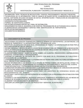 Modelo de 
Mejora 
LÍNEA TECNOLÓGICA DEL PROGRAMA 
CLIENTE 
RED TECNOLÓGICA 
INVESTIGACIÓN, PLANEACIÓN Y DESARROLLO DE MERCADOS Y MEDIOS DE LA 
INFORMACIÓN: TIPOS, TÉCNICAS DE RECOLECCIÓN, FUENTES, PROCESAMIENTO, ANÁLISIS Y REGISTRO. 
TECNOLOGÍAS DE LA INFORMACIÓN PARA EL MANEJO DE BASES DATOS. ELABORACIÓN DE BASES DE 
DATOS. SOFTWARE APLICADO DE BASES DE DATOS. INTERPRETACIÓN Y TRADUCCIÓN DE DOCUMENTOS. 
CLASES DE DONACIONES PARA EVENTOS. 
DIFERENTES PATROCINADORES. 
FORMAS DE CERTIFICAR EL EVENTO. 
RELACIONES INTERNAS DENTRO DEL CANAL DE DISTRIBUCIÓN. 
REQUERIMIENTOS PARA EL DESARROLLO DE EVENTOS. PROGRAMACIÓN DE ACTIVIDADES EN EL EVENTO. 
ELABORACIÓN DE CONTRASEÑAS Y GAFETES PARA IDENTIFICACIÓN DE PARTICIPANTES. 
NOTAS DE RECONOCIMIENTO. 
DOCUMENTOS DE MEMORIAS. 
3.2. CONOCIMIENTOS DE PROCESO 
SELECCIONAR LOS ESPACIOS TENIENDO EN CUENTA EL NÚMERO DE PARTICIPANTES, LAS DISTANCIAS, LOS 
MEDIOS DE TRANSPORTE Y LA INFRAESTRUCTURA Y EFICIENCIA DEL SITIO. 
RESERVAR LOS ESPACIOS CON BASE EN EL CRONOGRAMA DE TIEMPO Y LA CONTRATACIÓN SE RIGE POR LA 
REGLAMENTACIÓN DE USO DE ESPACIO. 
RECIBIR ESPACIOS Y MEDIOS DE APOYO A EVENTOS DE ACUERDO CON LOS TÉRMINOS DE LA NEGOCIACIÓN. 
INSTALAR MÓDULOS DE INFORMACIÓN EN LUGARES DE MAYOR CIRCULACIÓN Y MOVIMIENTO DEL EVENTO Y 
APOYADOS CON EL SOFTWARE REQUERIDO. 
ELABORAR DIRECTORIOS Y BASES DE DATOS SOBRE LOS CLIENTES, PROVEEDORES, DISTRIBUIDORES, 
PONENTES, EXPOSITORES Y ORGANIZADORES. 
DISEÑAR LA CAMPAÑA DE DIFUSIÓN DEL EVENTO CON BASE EN EL PROGRAMA DE PUBLICIDAD Y 
PROMOCIÓN DE LA EMPRESA. 
CONSIDERAR MEDIOS COMERCIALES Y LA POSIBILIDAD DE PÁGINA WEB COMO FACTORES DETERMINANTES 
EN EL PROYECTO DE COMUNICACIÓN. 
ENVIAR INFORMACIÓN A LOS MEDIOS Y A LA OFICINA DE PRENSA SOBRE LOS DETALLES DEL STAND Y EL 
MATERIAL INFORMATIVO, ACOMPAÑADOS DE FOTOGRAFÍAS QUE MUESTREN EL OBJETIVO DEL EVENTO. 
TRAMITAR DONATIVOS Y PATROCINIOS SIGUIENDO LAS POLÍTICAS DE CADA ORGANIZACIÓN. 
SUMINISTRAR INFORMACIÓN E INVITACIONES A LOS PARTICIPANTES Y MEDIOS DE COMUNICACIÓN DENTRO 
DE LAS FECHAS SEÑALADAS EN LA PROGRAMACIÓN DEL EVENTO. 
ELABORAR PROGRAMAS Y COMENTARIOS PARA LOS MAESTROS DE CEREMONIA SEGÚN LOS 
REQUERIMIENTOS DEL EVENTO. 
REGISTRAR Y CERTIFICAR A LOS PARTICIPANTES DE ACUERDO CON LA PROGRAMACIÓN ESTABLECIDA PARA 
EL EVENTO. 
ATENDER A LOS PARTICIPANTES, INVITADOS ESPECIALES, PONENTES E INTEGRANTES DE LAS MESAS DE 
TRABAJO DE ACUERDO AL PLAN DE RELACIONES PÚBLICAS ESTABLECIDO PARA EL EVENTO. 
ELABORAR Y ENVIAR DOCUMENTO DE MEMORIAS 
ANALIZAR LAS CARACTERÍSTICAS DE LOS PRODUCTOS Y SERVICIOS, SU ROTACIÓN Y 
20/09/13 04:19 PM Página 23 de 60 
 