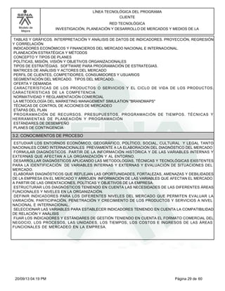 Modelo de 
Mejora 
LÍNEA TECNOLÓGICA DEL PROGRAMA 
CLIENTE 
RED TECNOLÓGICA 
INVESTIGACIÓN, PLANEACIÓN Y DESARROLLO DE MERCADOS Y MEDIOS DE LA 
TABLAS Y GRÁFICOS. INTERPRETACIÓN Y ANÁLISIS DE DATOS DE INDICADORES. PROYECCIÓN, REGRESIÓN 
Y CORRELACIÓN 
INDICADORES ECONÓMICOS Y FINANCIEROS DEL MERCADO NACIONAL E INTERNACIONAL. 
PLANEACIÓN ESTRATÉGICA Y MÉTODOS 
CONCEPTO Y TIPOS DE PLANES 
POLÍTICAS, MISIÓN, VISIÓN Y OBJETIVOS ORGANIZACIONALES 
TIPOS DE ESTRATÉGIAS. SOFTWARE PARA PROGRAMACIÓN DE ESTRATEGIAS. 
MATRICES DE ANÁLISIS Y ACTORES DEL MERCADO 
PERFIL DE CLIENTES, COMPETIDORES, CONSUMIDORES Y USUARIOS 
SEGMENTACIÓN DEL MERCADO. TIPOS DEL MERCADO. 
OFERTA Y DEMANDA 
CARACTERÍSTICAS DE LOS PRODUCTOS O SERVICIOS Y EL CICLO DE VIDA DE LOS PRODUCTOS. 
CARACTERÍSTICAS DE LA COMPETENCIA 
NORMATIVIDAD Y REGLAMENTACIÓN COMERCIAL 
LA METODOLOGÍA DEL MARKETING MANAGEMENT SIMULATION "BRANDMAPS" 
TÉCNICAS DE CONTROL DE ACCIONES DE MERCADEO 
ETAPAS DEL PLAN 
PROGRAMACIÓN DE RECURSOS. PRESUPUESTOS. PROGRAMACIÓN DE TIEMPOS. TÉCNICAS Y 
HERRAMIENTAS DE PLANEACIÓN Y PROGRAMACIÓN 
ESTÁNDARES DE DESEMPEÑO 
PLANES DE CONTINGENCIA 
3.2. CONOCIMIENTOS DE PROCESO 
ESTUDIAR LOS ENTORNOS ECONÓMICO, GEOGRÁFICO, POLÍTICO, SOCIAL, CULTURAL Y LEGAL TANTO 
NACIONALES COMO INTERNACIONALES PREVIAMENTE A LA ELABORACIÓN DEL DIAGNÓSTICO DEL MERCADO 
FORMULAR DIAGNÓSTICOS PARTIR DE LA INFORMACIÓN HISTÓRICA Y DE LAS VARIABLES INTERNAS Y 
EXTERNAS QUE AFECTAN A LA ORGANIZACIÓN Y AL ENTORNO. 
DESARROLLAR DIAGNÓSTICOS APLICANDO LAS METODOLOGÍAS, TÉCNICAS Y TECNOLÓGICAS EXISTENTES 
PARA LA IDENTIFICACIÓN DE VARIABLES INTERNAS Y EXTERNAS Y EVALUACIÓN DE SITUACIONES DEL 
MERCADO. 
ELABORAR DIAGNÓSTICOS QUE REFLEJAN LAS OPORTUNIDADES, FORTALEZAS, AMENAZAS Y DEBILIDADES 
DE LA EMPRESA EN EL MERCADO Y ARROJEN INFORMACIÓN DE LAS VARIABLES QUE AFECTAN EL MERCADO 
A PARTIR DE LAS ORIENTACIONES, POLÍTICAS Y OBJETIVOS DE LA EMPRESA. 
ESTRUCTURAR LOS DIAGNÓSTICOS TENIENDO EN CUENTA LAS NECESIDADES DE LAS DIFERENTES ÁREAS 
FUNCIONALES Y NIVELES EN LA ORGANIZACIÓN. 
DEFINIR INDICADORES PARA LOS DIFERENTES NIVELES DEL MERCADO QUE PERMITEN EVALUAR LA 
VARIACIÓN, PARTICIPACIÓN, PENETRACIÓN Y CRECIMIENTO DE LOS PRODUCTOS Y SERVICIOS A NIVEL 
NACIONAL E INTERNACIONAL. 
SELECCIONAR LAS VARIABLES PARA ESTABLECER INDICADORES TENIENDO EN CUENTA LA COMPATIBILIDAD 
DE RELACIÓN Y ANÁLISIS 
FIJAR LOS INDICADORES Y ESTÁNDARES DE GESTIÓN TENIENDO EN CUENTA EL FORMATO COMERCIAL DEL 
NEGOCIO, LOS PROCESOS, LAS UNIDADES, LOS TIEMPOS, LOS COSTOS E INGRESOS DE LAS ÁREAS 
FUNCIONALES DE MERCADEO EN LA EMPRESA. 
20/09/13 04:19 PM Página 29 de 60 
 