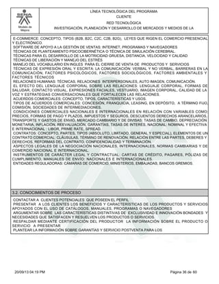 Modelo de 
Mejora 
LÍNEA TECNOLÓGICA DEL PROGRAMA 
CLIENTE 
RED TECNOLÓGICA 
INVESTIGACIÓN, PLANEACIÓN Y DESARROLLO DE MERCADOS Y MEDIOS DE LA 
E-COMMERCE: CONCEPTO, TIPOS (B2B, B2C, C2C, C2B, B2G), LEYES QUE RIGEN EL COMERCIO PRESENCIAL 
Y ELECTRÓNICO. 
SOFTWARE DE APOYO A LA GESTIÓN DE VENTAS: INTERNET, PROGRAMAS Y NAVEGADORES 
TÉCNICAS DE PLANTEAMIENTO PSICOCIBERNÉTICA O TÉCNICA DE SIMULACIÓN CEREBRAL. 
TÉCNICAS PARA EL DESARROLLO DE LA MOTRICIDAD GRUESA, DISTANCIA, VELOCIDAD Y CALIDAD 
TÉCNICAS DE LIBERACIÓN Y MANEJO DEL ESTRÉS 
MANEJO DEL VOCABULARIO EN INGLES PARA EL CIERRE DE VENTA DE PRODUCTOS Y SERVICIOS 
TÉCNICAS DE EXPRESIÓN ORAL Y ESCRITA: LA COMUNICACIÓN: VERBAL Y NO VERBAL, BARRERAS EN LA 
COMUNICACIÓN, FACTORES PSICOLÓGICOS, FACTORES SOCIOLÓGICOS, FACTORES AMBIENTALES Y 
FACTORES TÉCNICOS 
RELACIONES HUMANAS: TÉCNICAS, RELACIONES INTERPERSONALES, AUTO IMAGEN, COMUNICACIÓN. 
EL EFECTO DEL LENGUAJE CORPORAL SOBRE LAS RELACIONES: LENGUAJE CORPORAL, FORMAS DE 
SALUDAR, CONTACTO VISUAL, EXPRESIONES FACIALES, VESTUARIO, IMAGEN CORPORAL, CALIDAD DE LA 
VOZ Y ESTRATEGIAS CONVERSACIONALES QUE FORTALECEN LAS RELACIONES. 
ACUERDOS COMERCIALES: CONCEPTO, TIPOS, CARACTERÍSTICAS Y USOS. 
TIPOS DE ACUERDOS COMERCIALES: CONCESIÓN, FRANQUICIA, LEASING, EN DEPÓSITO, A TÉRMINO FIJO, 
COMISIÓN, SOCIEDADES DE INTERMEDIACIONES. 
CONDICIONES COMERCIALES NACIONALES E INTERNACIONALES EN RELACIÓN CON VARIABLES COMO: 
PRECIOS, FORMAS DE PAGO Y PLAZOS, IMPUESTOS Y SEGUROS, DESCUENTOS DERECHOS ARANCELARIOS, 
TRANSPORTE Y GASTOS DE ENVIÓ, MERCADO CAMBIARIO Y DE DIVISAS: TASAS DE CAMBIO, DEPRECIACIÓN 
MONETARIA, INFLACIÓN, REEVALUACIÓN, GARANTÍAS, TASAS DE INTERÉS, NACIONAL: NOMINAL Y EFECTIVA 
E INTERNACIONAL : LIBOR, PRIME RATE, SPREAD. 
CONTRATOS: CONCEPTO, PARTES, TIPOS (ABSOLUTO, LIMITADO, GENERAL Y ESPECIAL), ELEMENTOS DE UN 
CONTRATO COMERCIAL: CLÁUSULAS, TÉRMINO DE RENOVACIÓN; RELACIÓN ENTRE LAS PARTES, DEBERES Y 
DERECHOS, REFORMAS DEL CONTRATO, CONFIDENCIALIDAD Y TERMINACIÓN. 
ASPECTOS LEGALES DE LA NEGOCIACIÓN NACIONALES, INTERNACIONALES, NORMAS CAMBIARIAS Y DE 
COMERCIO NACIONAL E INTERNACIONAL. 
INSTRUMENTOS DE CARÁCTER LEGAL Y CONTRACTUAL: CARTAS DE CRÉDITO, PAGARES, PÓLIZAS DE 
CUMPLIMIENTO, MANUALES DE ENVÍO: NACIONALES E INTERNACIONALES. 
ENTIDADES REGULADORAS: CÁMARAS DE COMERCIO, MINISTERIOS, EMBAJADAS, BANCOS GREMIOS. 
3.2. CONOCIMIENTOS DE PROCESO 
CONTACTAR A CLIENTES POTENCIALES QUE POSEEN EL PERFIL 
PRESENTAR A LOS CLIENTES LOS BENEFICIOS Y CARACTERÍSTICAS DE LOS PRODUCTOS Y SERVICIOS 
APOYADOS CON EL USO DE CATÁLOGOS, MANUALES, PROGRAMAS O NAVEGADORES 
ARGUMENTAR SOBRE LAS CARACTERÍSTICAS DISTINTIVAS DE EXCLUSIVIDAD E INNOVACIÓN BONDADES Y 
NECESIDADES QUE SATISFACEN Y RESUELVEN LOS PRODUCTOS O SERVICIOS. 
RESPALDAR MEDIANTE CERTIFICACIÓN DEL PRODUCTOR LA INFORMACIÓN SOBRE EL PRODUCTO O 
SERVICIO A PRESENTAR 
PLANTEAR LA INFORMACIÓN SOBRE GARANTÍAS Y SERVICIO POSTVENTA PARA LOS 
20/09/13 04:19 PM Página 36 de 60 
 