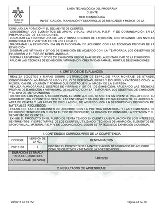 Modelo de 
Mejora 
LÍNEA TECNOLÓGICA DEL PROGRAMA 
CLIENTE 
RED TECNOLÓGICA 
INVESTIGACIÓN, PLANEACIÓN Y DESARROLLO DE MERCADOS Y MEDIOS DE LA 
CONSUMO, LA ROTACIÓN Y EL SEGMENTO DE CLIENTES. 
CONSIDERAR LOS ELEMENTOS DE APOYO VISUAL, MATERIAL P.O.P Y DE COMUNICACIÓN EN LA 
PREPARACIÓN DE EXHIBICIONES. 
LOCALIZAR LA TEMPERATURA DE LAS VITRINAS O SITIOS DE EXHIBICIÓN, IDENTIFICANDO LOS NIVELES 
HORIZONTALES Y VERTICALES EN LOS LINEALES 
DIAGRAMAR LA EXHIBICIÓN EN UN PLANOGRAMA DE ACUERDO CON LAS TÉCNICAS PROPIAS DE LA 
EXHIBICIÓN. 
DISEÑAR LAS VITRINAS Y SITIOS DE EXHIBICIÓN DE ACUERDO CON LA TEMPORADA, LOS OBJETIVOS DE 
EXHIBICIÓN Y EL TIPO DE MERCHANDISING. 
DISEÑAR LAS VITRINAS Y SITIOS DE EXHIBICIÓN PREVIO ANÁLISIS DE LA RENTABILIDAD DE LA EXHIBICIÓN 
APLICAR LAS TÉCNICAS DE EXHIBICIÓN, VITRINISMO Y CREATIVIDAD PARA EL MONTAJE DE EXHIBICIONES. 
4. CRITERIOS DE EVALUACIÓN 
REALIZA BOCETOS Y MAPAS SOBRE DISTRIBUCIÓN DE ESPACIOS PARA MONTAJE DE STANDS, 
CONSIDERANDO LAS ÁREAS DE USO Y FLUJO DE PERSONAS, BIENES Y EQUIPOS, Y FACTORES COMO LA 
MÚSICA, CALOR, VOLUMEN Y FORMAS QUE DESTAQUEN LA IMAGEN DE LA EMPRESA. 
REALIZA PLANOGRAMAS, DISEÑOS DE VITRINAS Y SITIOS DE EXHIBICIÓN, APLICANDO LAS TÉCNICAS 
PROPIAS DE EXHIBICIÓN Y VITRINISMO, DE ACUERDO CON LA TEMPORADA, LOS OBJETIVOS DE EXHIBICIÓN 
Y EL TIPO DE MERCHANDISING 
IDENTIFICA LOS PASOS A SEGUIR PARA EL MONTAJE DEL STAND EN UN EVENTO, INCLUYENDO, SU 
ARQUITECTURA EN PUNTO DE VENTA, LAS ENTRADAS Y SALIDAS DEL ESTABLECIMIENTO, EL ACCESO AL 
ÁREA DE VENTAS Y LAS ÁREAS DE CIRCULACIÓN., DE ACUERDO CON LA DESCRIPCIÓN Y DEFINICIÓN DE 
MATERIALES REQUERIDOS 
ESTABLECE LAS EXHIBICIONES DE ACUERDO CON LA POLÍTICA COMERCIAL Y LAS TENDENCIAS DE 
EXHIBICIÓN, TENIENDO EN CUENTA EL TIPO DE PRODUCTO, LA OCASIÓN DE CONSUMO, LA ROTACIÓN Y EL 
SEGMENTO DE CLIENTES. 
EXHIBE EL PRODUCTO EN EL PUNTO DE VENTA TENIDO EN CUENTA LA EVALUACIÓN DE LOS INTERESES, 
SENTIMIENTOS Y EXPECTATIVAS DE LOS CLIENTES, UTILIZANDO TÉCNICAS DE ANIMACIÓN, ELEMENTOS DE 
APOYO VISUAL, MATERIAL P.O.P Y DE COMUNICACIÓN, SEGÚN ESTRATEGIAS DE EXHIBICIÓN COMERCIAL 
1. CONTENIDOS CURRICULARES DE LA COMPETENCIA 
CÓDIGO: DENOMINACIÓN 
26010103 
VERSIÓN DE 
LA NCL 
1 
DISEÑAR EL PROYECTO DE LA INVESTIGACIÓN DE MERCADOS DE ACUERDO 
CON LOS OBJETIVOS Y METAS DE LA INVESTIGACIÓN. 
DURACIÓN ESTIMADA 
PARA EL LOGRO DEL 
APRENDIZAJE (en horas) 140 horas 
2. RESULTADOS DE APRENDIZAJE 
20/09/13 04:19 PM Página 43 de 60 
 