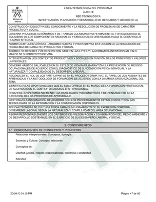 Modelo de 
Mejora 
LÍNEA TECNOLÓGICA DEL PROGRAMA 
CLIENTE 
RED TECNOLÓGICA 
INVESTIGACIÓN, PLANEACIÓN Y DESARROLLO DE MERCADOS Y MEDIOS DE LA 
CONSTRUCCIÓN COLECTIVA DEL CONOCIMIENTO Y LA RESOLUCIÓN DE PROBLEMAS DE CARÁCTER 
PRODUCTIVO Y SOCIAL. 
GENERAR PROCESOS AUTÓNOMOS Y DE TRABAJO COLABORATIVO PERMANENTES, FORTALECIENDO EL 
EQUILIBRIO DE LOS COMPONENTES RACIONALES Y EMOCIONALES ORIENTADOS HACIA EL DESARROLLO 
HUMANO INTEGRAL. 
ASUMIR ACTITUDES CRÍTICAS , ARGUMENTATIVAS Y PROPOSITIVAS EN FUNCIÓN DE LA RESOLUCIÓN DE 
PROBLEMAS DE CARÁCTER PRODUCTIVO Y SOCIAL. 
ASUMIR LOS DEBERES Y DERECHOS CON BASE EN LAS LEYES Y LA NORMATIVA INSTITUCIONAL EN EL 
MARCO DE SU PROYECTO DE VIDA. 
INTERACTUAR EN LOS CONTEXTOS PRODUCTIVOS Y SOCIALES EN FUNCIÓN DE LOS PRINCIPIOS Y VALORES 
UNIVERSALES. 
GENERAR HÁBITOS SALUDABLES EN SU ESTILO DE VIDA PARA GARANTIZAR LA PREVENCIÓN DE RIESGOS 
OCUPACIONALES DE ACUERDO CON EL DIAGNÓSTICO DE SU CONDICIÓN FÍSICA INDIVIDUAL Y LA 
NATURALEZA Y COMPLEJIDAD DE SU DESEMPEÑO LABORAL. 
RECONOCER EL ROL DE LOS PARTICIPANTES EN EL PROCESO FORMATIVO, EL PAPEL DE LOS AMBIENTES DE 
APRENDIZAJE Y LA METODOLOGÍA DE FORMACIÓN, DE ACUERDO CON LA DINÁMICA ORGANIZACIONAL DEL 
SENA 
IDENTIFICAR LAS OPORTUNIDADES QUE EL SENA OFRECE EN EL MARCO DE LA FORMACIÓN PROFESIONAL 
DE ACUERDO CON EL CONTEXTO NACIONAL E INTERNACIONAL. 
DESARROLLAR PERMANENTEMENTE LAS HABILIDADES PSICOMOTRICES Y DE PENSAMIENTO EN LA 
EJECUCIÓN DE LOS PROCESOS DE APRENDIZAJE. 
GESTIONAR LA INFORMACIÓN DE ACUERDO CON LOS PROCEDIMIENTOS ESTABLECIDOS Y CON LAS 
TECNOLOGÍAS DE LA INFORMACIÓN Y LA COMUNICACIÓN DISPONIBLES. 
APLICAR TÉCNICAS DE CULTURA FÍSICA PARA EL MEJORAMIENTO DE SU EXPRESIÓN CORPORAL, 
DESEMPEÑO LABORAL SEGÚN LA NATURALEZA Y COMPLEJIDAD DEL ÁREA OCUPACIONAL. 
ASUMIR RESPONSABLEMENTE LOS CRITERIOS DE PRESERVACIÓN Y CONSERVACIÓN DEL MEDIO AMBIENTE Y 
DE DESARROLLO SOSTENIBLE, EN EL EJERCICIO DE SU DESEMPEÑO LABORAL Y SOCIAL. 
3. CONOCIMIENTOS 
3.1. CONOCIMIENTOS DE CONCEPTOS Y PRINCIPIOS 
· Relaciones interpersonales: Conceptos, tipología. 
· Sociedad y Cultura: Concepto, relaciones 
· Conceptos de: 
· Libertad, justicia, respeto, responsabilidad, tolerancia y solidaridad 
· Alteridad 
20/09/13 04:19 PM Página 47 de 60 
 