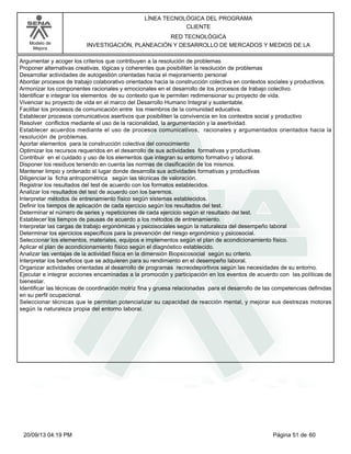 Modelo de 
Mejora 
LÍNEA TECNOLÓGICA DEL PROGRAMA 
CLIENTE 
RED TECNOLÓGICA 
INVESTIGACIÓN, PLANEACIÓN Y DESARROLLO DE MERCADOS Y MEDIOS DE LA 
Argumentar y acoger los criterios que contribuyen a la resolución de problemas 
Proponer alternativas creativas, lógicas y coherentes que posibiliten la resolución de problemas 
Desarrollar actividades de autogestión orientadas hacia el mejoramiento personal 
Abordar procesos de trabajo colaborativo orientados hacia la construcción colectiva en contextos sociales y productivos. 
Armonizar los componentes racionales y emocionales en el desarrollo de los procesos de trabajo colectivo. 
Identificar e integrar los elementos de su contexto que le permiten redimensionar su proyecto de vida. 
Vivenciar su proyecto de vida en el marco del Desarrollo Humano Integral y sustentable. 
Facilitar los procesos de comunicación entre los miembros de la comunidad educativa. 
Establecer procesos comunicativos asertivos que posibiliten la convivencia en los contextos social y productivo 
Resolver conflictos mediante el uso de la racionalidad, la argumentación y la asertividad. 
Establecer acuerdos mediante el uso de procesos comunicativos, racionales y argumentados orientados hacia la 
resolución de problemas. 
Aportar elementos para la construcción colectiva del conocimiento 
Optimizar los recursos requeridos en el desarrollo de sus actividades formativas y productivas. 
Contribuir en el cuidado y uso de los elementos que integran su entorno formativo y laboral. 
Disponer los residuos teniendo en cuenta las normas de clasificación de los mismos. 
Mantener limpio y ordenado el lugar donde desarrolla sus actividades formativas y productivas 
Diligenciar la ficha antropométrica según las técnicas de valoración. 
Registrar los resultados del test de acuerdo con los formatos establecidos. 
Analizar los resultados del test de acuerdo con los baremos. 
Interpretar métodos de entrenamiento físico según sistemas establecidos. 
Definir los tiempos de aplicación de cada ejercicio según los resultados del test. 
Determinar el número de series y repeticiones de cada ejercicio según el resultado del test. 
Establecer los tiempos de pausas de acuerdo a los métodos de entrenamiento. 
Interpretar las cargas de trabajo ergonómicas y psicosociales según la naturaleza del desempeño laboral 
Determinar los ejercicios específicos para la prevención del riesgo ergonómico y psicosocial. 
Seleccionar los elementos, materiales, equipos e implementos según el plan de acondicionamiento físico. 
Aplicar el plan de acondicionamiento físico según el diagnóstico establecido. 
Analizar las ventajas de la actividad física en la dimensión Biopsicosocial según su criterio. 
Interpretar los beneficios que se adquieren para su rendimiento en el desempeño laboral. 
Organizar actividades orientadas al desarrollo de programas recreodeportivos según las necesidades de su entorno. 
Ejecutar e integrar acciones encaminadas a la promoción y participación en los eventos de acuerdo con las políticas de 
bienestar. 
Identificar las técnicas de coordinación motriz fina y gruesa relacionadas para el desarrollo de las competencias definidas 
en su perfil ocupacional. 
Seleccionar técnicas que le permitan potencializar su capacidad de reacción mental, y mejorar sus destrezas motoras 
según la naturaleza propia del entorno laboral. 
20/09/13 04:19 PM Página 51 de 60 
 