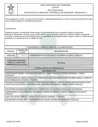 Modelo de 
Mejora 
LÍNEA TECNOLÓGICA DEL PROGRAMA 
CLIENTE 
RED TECNOLÓGICA 
INVESTIGACIÓN, PLANEACIÓN Y DESARROLLO DE MERCADOS Y MEDIOS DE LA 
Tener experiencia mínima en procesos de formación o actividades laborales de 2 años en el área de desarrollo humano 
con el enfoque basado en competencias laborales. 
Competencias: 
Gestionar procesos de desarrollo humano según las particularidades de los contextos sociales y productivos. 
Interactuar idóneamente consigo mismo con los demás y con la naturaleza según los contextos sociales y productivos. 
Promover el desarrollo de las actividades físicas que posibiliten el desempeño laboral seguro y eficaz, un estilo de vida 
saludable y el mejoramiento de la calidad de vida. 
1. CONTENIDOS CURRICULARES DE LA COMPETENCIA 
CÓDIGO: DENOMINACIÓN 
24020150 
VERSIÓN DE 
LA NCL 
1 
COMPRENDER TEXTOS EN INGLÉS EN FORMA ESCRITA Y AUDITIVA 
2. RESULTADOS DE APRENDIZAJE 
DURACIÓN ESTIMADA 
PARA EL LOGRO DEL 
APRENDIZAJE (en horas) 
180 horas 
DENOMINACIÓN 
COMPRENDER FRASES Y VOCABULARIO HABITUAL SOBRE TEMAS DE INTERÉS PERSONAL Y TEMAS 
TÉCNICOS 
COMUNICARSE EN TAREAS SENCILLAS Y HABITUALES QUE REQUIEREN UN INTERCAMBIO SIMPLE Y DIRECTO 
DE INFORMACIÓN COTIDIANA Y TÉCNICA 
REALIZAR INTERCAMBIOS SOCIALES Y PRÁCTICOS MUY BREVES, CON UN VOCABULARIO SUFICIENTE PARA 
HACER UNA EXPOSICIÓN O MANTENER UNA CONVERSACIÓN SENCILLA SOBRE TEMAS TÉCNICOS 
ENCONTRAR INFORMACIÓN ESPECÍFICA Y PREDECIBLE EN ESCRITOS SENCILLOS Y COTIDIANOS 
COMPRENDER LA IDEA PRINCIPAL EN AVISOS Y MENSAJES BREVES, CLAROS Y SENCILLOS EN INGLÉS 
TÉCNICO 
LEER TEXTOS MUY BREVES Y SENCILLOS EN INGLÉS GENERAL Y TÉCNICO 
ENCONTRAR VOCABULARIO Y EXPRESIONES DE INGLÉS TÉCNICO EN ANUNCIOS, FOLLETOS, 
20/09/13 04:19 PM Página 54 de 60 
 