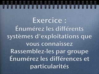 Exercice :
   Énumérez les différents
systèmes d'exploitations que
      vous connaissez
 Rassemblez-les par groupe
 Énumérez les différences et
       particularités
 