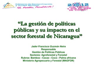 “La gestión de políticas
 públicas y su impacto en el
sector forestal de Nicaragua”
            Jader Francisco Guzmán Neira
                     Responsable
             Gestión de Políticas Públicas
           Sectores: Agroforestal y Forestal
    Rubros: Bamboo - Cacao - Coco - Palma africana
     Ministerio Agropecuario y Forestal (MAGFOR)
 