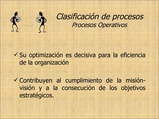 Clasificación de procesos Procesos Operativos Su optimización es decisiva para la eficiencia de la organización Contribuyen al cumplimiento de la misión-visión y a la consecución de los objetivos estratégicos. 