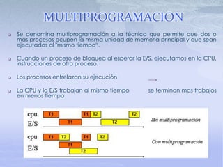  Se denomina multiprogramación a la técnica que permite que dos o
más procesos ocupen la misma unidad de memoria principal y que sean
ejecutados al "mismo tiempo“.
 Cuando un proceso de bloquea al esperar la E/S, ejecutamos en la CPU,
instrucciones de otro proceso.
 Los procesos entrelazan su ejecución
 La CPU y la E/S trabajan al mismo tiempo se terminan mas trabajos
en menos tiempo
MULTIPROGRAMACION
 