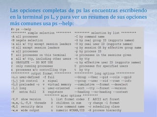 Las opciones completas de ps las encuentras escribiendo
en la terminal ps L, y para ver un resumen de sus opciones
más comunes usa ps --help:
 