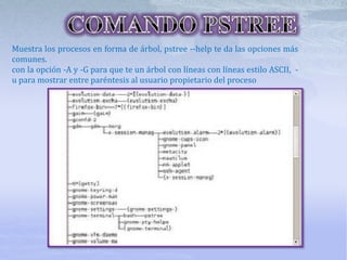 Muestra los procesos en forma de árbol, pstree --help te da las opciones más
comunes.
con la opción -A y -G para que te un árbol con líneas con líneas estilo ASCII, -
u para mostrar entre paréntesis al usuario propietario del proceso
 