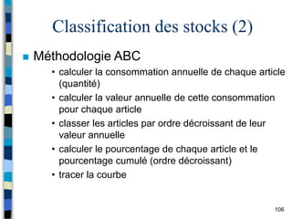 106
Classification des stocks (2)
 Méthodologie ABC
• calculer la consommation annuelle de chaque article
(quantité)
• calculer la valeur annuelle de cette consommation
pour chaque article
• classer les articles par ordre décroissant de leur
valeur annuelle
• calculer le pourcentage de chaque article et le
pourcentage cumulé (ordre décroissant)
• tracer la courbe
 