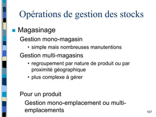 107
Opérations de gestion des stocks
 Magasinage
Gestion mono-magasin
• simple mais nombreuses manutentions
Gestion multi-magasins
• regroupement par nature de produit ou par
proximité géographique
• plus complexe à gérer
Pour un produit
Gestion mono-emplacement ou multi-
emplacements
 
