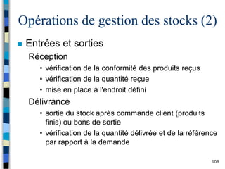 108
Opérations de gestion des stocks (2)
 Entrées et sorties
Réception
• vérification de la conformité des produits reçus
• vérification de la quantité reçue
• mise en place à l'endroit défini
Délivrance
• sortie du stock après commande client (produits
finis) ou bons de sortie
• vérification de la quantité délivrée et de la référence
par rapport à la demande
 