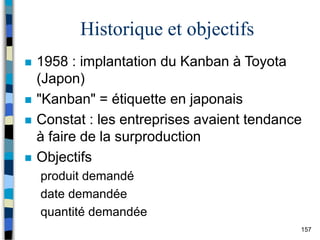 157
Historique et objectifs
 1958 : implantation du Kanban à Toyota
(Japon)
 "Kanban" = étiquette en japonais
 Constat : les entreprises avaient tendance
à faire de la surproduction
 Objectifs
produit demandé
date demandée
quantité demandée
 