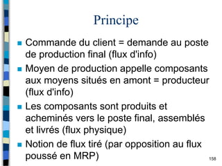 158
Principe
 Commande du client = demande au poste
de production final (flux d'info)
 Moyen de production appelle composants
aux moyens situés en amont = producteur
(flux d'info)
 Les composants sont produits et
acheminés vers le poste final, assemblés
et livrés (flux physique)
 Notion de flux tiré (par opposition au flux
poussé en MRP)
 