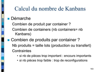 163
Calcul du nombre de Kanbans
 Démarche
Combien de produit par container ?
Combien de containers (nb containers= nb
Kanbans)
 Combien de produits par container ?
Nb produits = taille lots (production ou transfert)
Contraintes
• si nb de pièces trop important : encours importants
• si nb pièces trop faible : trop de reconfigurations
 
