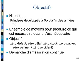 170
Objectifs
 Historique
Principes développés à Toyota fin des années
50
 Ensemble de moyens pour produire ce qui
est nécessaire quand c'est nécessaire
 Objectifs
zéro défaut, zéro délai, zéro stock, zéro papier,
zéro panne (+ zéro accident)
 Démarche d'amélioration continue
 