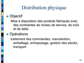 183
Distribution physique
 Objectif
Mise à disposition des produits fabriqués avec
des contraintes de niveau de service, de coût
et de délai
 Opérations
traitement des commandes, manutention,
emballage, entreposage, gestion des stocks,
transport
 
