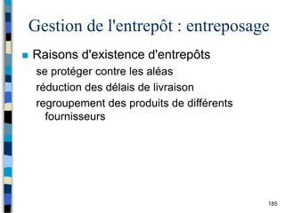 185
Gestion de l'entrepôt : entreposage
 Raisons d'existence d'entrepôts
se protéger contre les aléas
réduction des délais de livraison
regroupement des produits de différents
fournisseurs
 