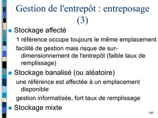 187
Gestion de l'entrepôt : entreposage
(3)
 Stockage affecté
1 référence occupe toujours le même emplacement
facilité de gestion mais risque de sur-
dimensionnement de l'entrepôt (faible taux de
remplissage)
 Stockage banalisé (ou aléatoire)
une référence est affectée à un emplacement
disponible
gestion informatisée, fort taux de remplissage
 Stockage mixte
 