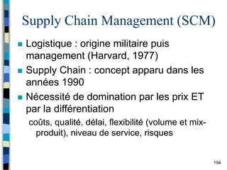 194
Supply Chain Management (SCM)
 Logistique : origine militaire puis
management (Harvard, 1977)
 Supply Chain : concept apparu dans les
années 1990
 Nécessité de domination par les prix ET
par la différentiation
coûts, qualité, délai, flexibilité (volume et mix-
produit), niveau de service, risques
 