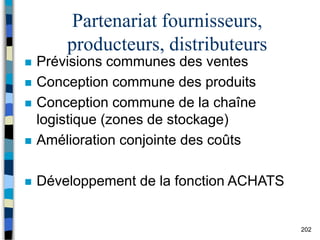 202
Partenariat fournisseurs,
producteurs, distributeurs
 Prévisions communes des ventes
 Conception commune des produits
 Conception commune de la chaîne
logistique (zones de stockage)
 Amélioration conjointe des coûts
 Développement de la fonction ACHATS
 