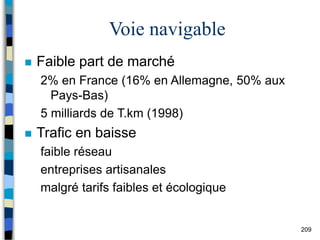 209
Voie navigable
 Faible part de marché
2% en France (16% en Allemagne, 50% aux
Pays-Bas)
5 milliards de T.km (1998)
 Trafic en baisse
faible réseau
entreprises artisanales
malgré tarifs faibles et écologique
 