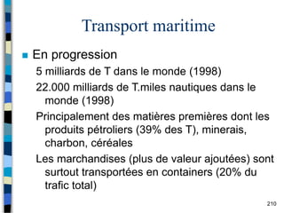 210
Transport maritime
 En progression
5 milliards de T dans le monde (1998)
22.000 milliards de T.miles nautiques dans le
monde (1998)
Principalement des matières premières dont les
produits pétroliers (39% des T), minerais,
charbon, céréales
Les marchandises (plus de valeur ajoutées) sont
surtout transportées en containers (20% du
trafic total)
 