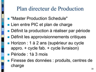 39
Plan directeur de Production
 "Master Production Schedule"
 Lien entre PIC et plan de charge
 Définit la production à réaliser par période
 Définit les approvisionnements critiques
 Horizon : 1 à 2 ans (supérieur au cycle
appro. + cycle fab. + cycle livraison)
 Période : 1à 3 mois
 Finesse des données : produits, centres de
charge
 