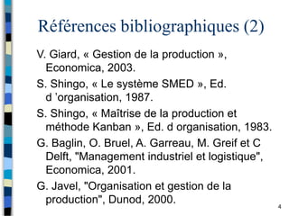 4
Références bibliographiques (2)
V. Giard, « Gestion de la production »,
Economica, 2003.
S. Shingo, « Le système SMED », Ed.
d ’organisation, 1987.
S. Shingo, « Maîtrise de la production et
méthode Kanban », Ed. d organisation, 1983.
G. Baglin, O. Bruel, A. Garreau, M. Greif et C
Delft, "Management industriel et logistique",
Economica, 2001.
G. Javel, "Organisation et gestion de la
production", Dunod, 2000.
 