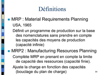 54
Définitions
 MRP : Material Requirements Planning
USA, 1965
Définit un programme de production sur la base
des nomenclatures sans prendre en compte
les capacités des moyens de production
(capacité infinie)
 MRP2 : Manufacturing Resources Planning
Complète MRP en prenant en compte la limite
de capacité des ressources (capacité finie).
Ajuste la charge en fonction des capacités
(bouclage du plan de charge)
 