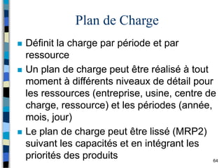 64
Plan de Charge
 Définit la charge par période et par
ressource
 Un plan de charge peut être réalisé à tout
moment à différents niveaux de détail pour
les ressources (entreprise, usine, centre de
charge, ressource) et les périodes (année,
mois, jour)
 Le plan de charge peut être lissé (MRP2)
suivant les capacités et en intégrant les
priorités des produits
 