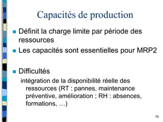 79
Capacités de production
 Définit la charge limite par période des
ressources
 Les capacités sont essentielles pour MRP2
 Difficultés
intégration de la disponibilité réelle des
ressources (RT : pannes, maintenance
préventive, amélioration ; RH : absences,
formations, …)
 