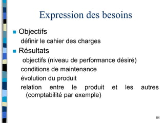 84
Expression des besoins
 Objectifs
définir le cahier des charges
 Résultats
objectifs (niveau de performance désiré)
conditions de maintenance
évolution du produit
relation entre le produit et les autres
(comptabilité par exemple)
 