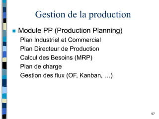 97
Gestion de la production
 Module PP (Production Planning)
Plan Industriel et Commercial
Plan Directeur de Production
Calcul des Besoins (MRP)
Plan de charge
Gestion des flux (OF, Kanban, …)
 